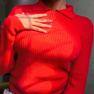 Red Ribbed Knit Polo Top