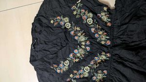 Floral Embroidered Black Mini Dress