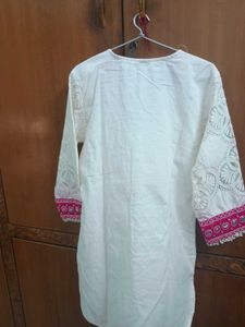 cream pink work kurta set