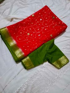 Red &amp; Green Saree with Gold Like Detail