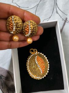 Gold-toned Pendant with Stones and Earrings