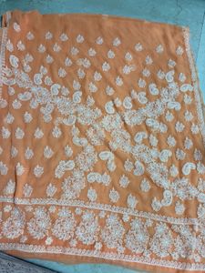 Unused Peach Lukhnowi Saree