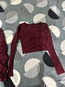 Burgundy Ruched Bodycon Midi Dress