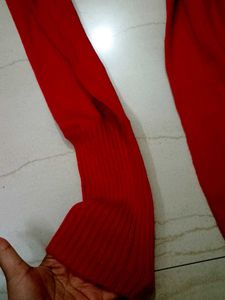 Classic Red Ribbed-Cuff Sweater Dress