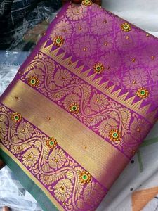 Kanjeevaram Brocade Purple Beads & Stones Saree Wi