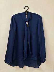 Navy Blue Blouse with Scarf Detail