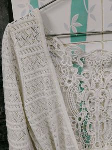 Elegant Off-White Crochet &amp; Lace Shrug Dress