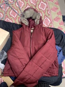 Burgundy Puffer Jacket with Fur Hood