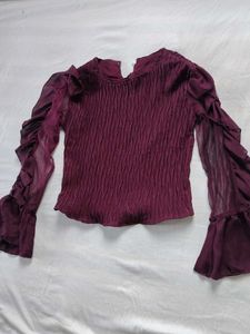 Burgundy Ruffle Sleeve crop Top