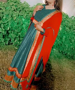 Teal &amp; Red Ethnic Gown With Dupatta