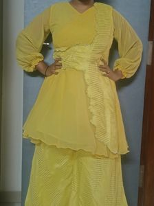 Yellow Outfit With Plazzo And Paplon Top One Sided Shrug💛