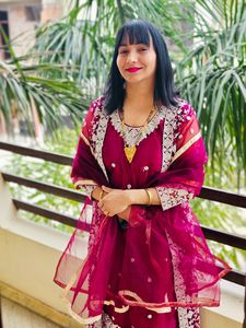 A Festive Wear Long Suit With Shrug, Pant &amp; Dupata