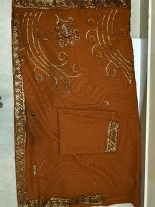 Orange Embroidered Saree Fabric