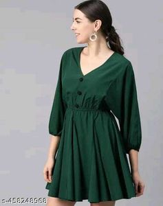 Green V-neck Pleated Fit & Flare Dress