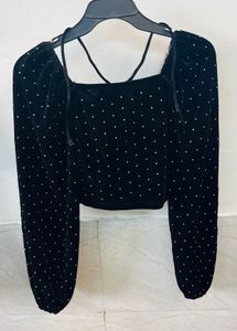 FB SISTER BLack Velvet Polka Dot  Crop Top
