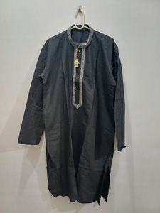 Silk Kurta Chudidar Set (Black With White Work)