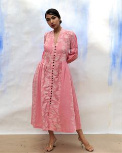 Pink Handprinted Front Open Pure Cottton Dress