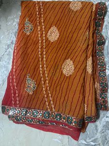 Red & Mustard Color Saree With Mirrored Gota Patti