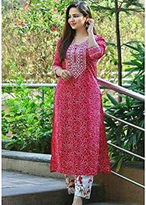Femezone Women's Cotton Printed Embroidery Work Kurti Pant Set (Emboirery Pink) https://amzn.eu/d/erFsrmd
