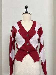red Argyle Knit Cardigan