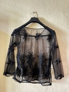 Elegant Black Sheer Embroidered Mesh Top
