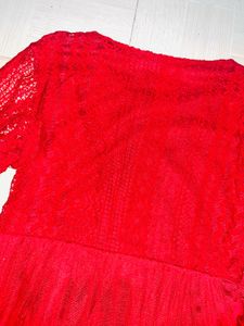 Elegant Red Lace &amp; Net Flared Top