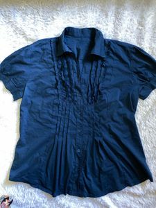 Y2K Navy Blue Ruffle Blouse