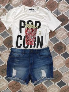 Popcorn Tee & Denim Shorts Set