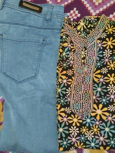 Multicolour Kurta With Blue Jean Combo