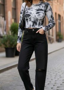 Tie Dye Rib-knit Long Sleeve Bustier Top - Gray