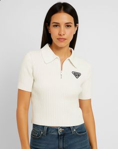 White Ribbed Polo Top