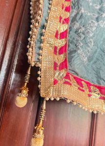 Embroidered Blue Bandani duppata with pink border