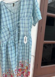 Blue Plaid Dress with Floral Hem