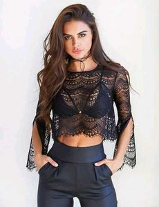 Chic Black Lace Crop Top with Bell Sleeves