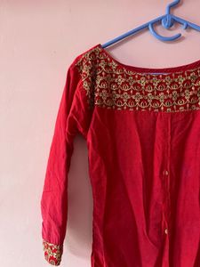 Red &amp; Gold Embroidered Kurti