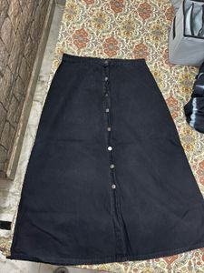 Vintage Black Denim Button-Front Long Skirt