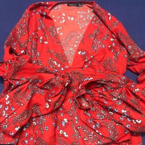 Boohoo Red Floral Blouse