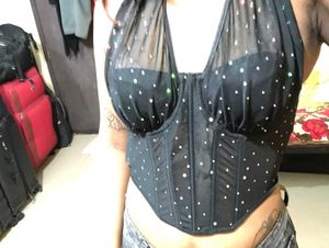 Newme rhinestone Black Halter y2k Corset Top