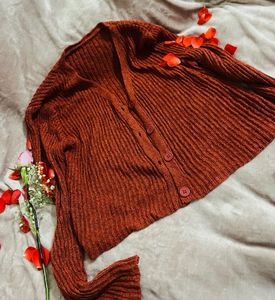 Rust Ribbed Cropped Cardigan
