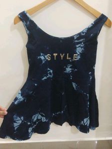 Navy Blue Tie-Dye Peplum Top with“STYLE"  Embellis