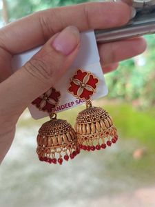 Elegant Gold &amp; Red Jhumka Earrings
