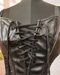 Black Lace Detailing Faux Leather Chain Up Corset