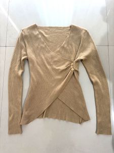 Ribbed Wrap-Front Long Sleeve Top