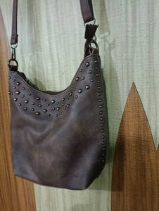 Brown Leather Shoulder Bag with Studded Design |