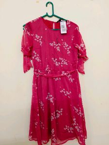 Pink Floral Chiffon Midi Dress