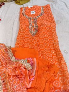 Orange Bandhani Dress Material