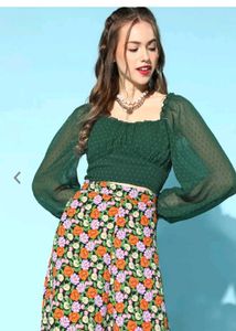 Berrylush Green Smocked Crop Top For Women