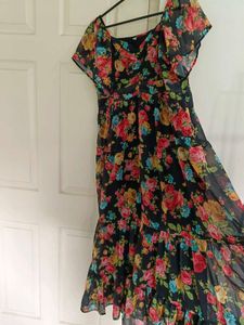 Floral Print Black Long Dress