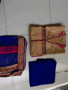Beige And Blue Kurta Set With Duptta