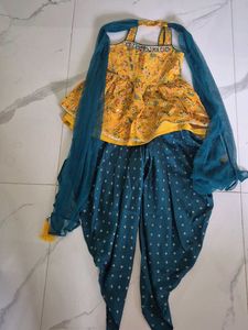 Vibrant Yellow &amp; Teal Dhoti Peplum Set